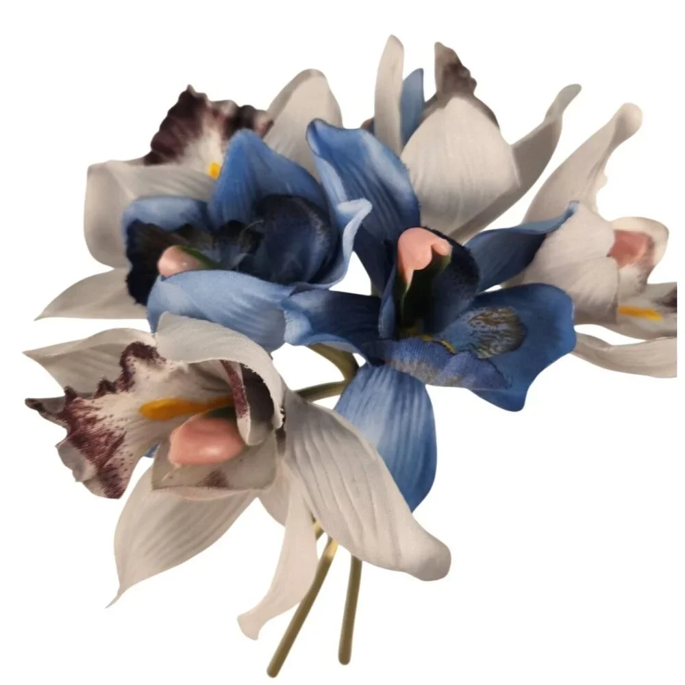 Blue Gray Cymbidium Orchid Artificial Flowers 7 Stem Bundle, Faux Orchid Wedding